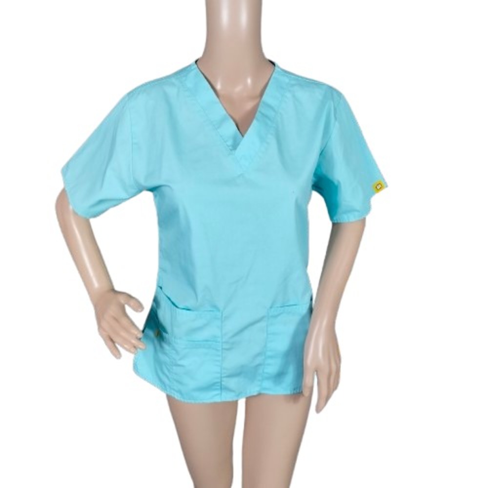 Wonderwink Womens‎ Nursing Uniform Scrub Top Short Sleeve V-Neck Blue Size XS